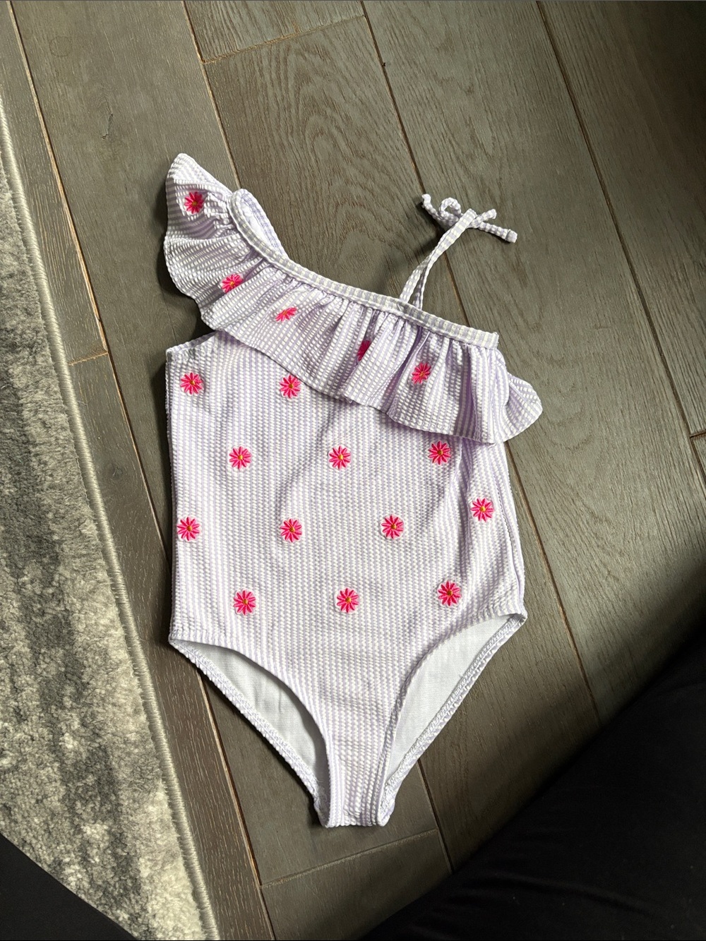 Girls One-Shoulder Lavender Swimsuit with Hot Pink Floral Embroidery